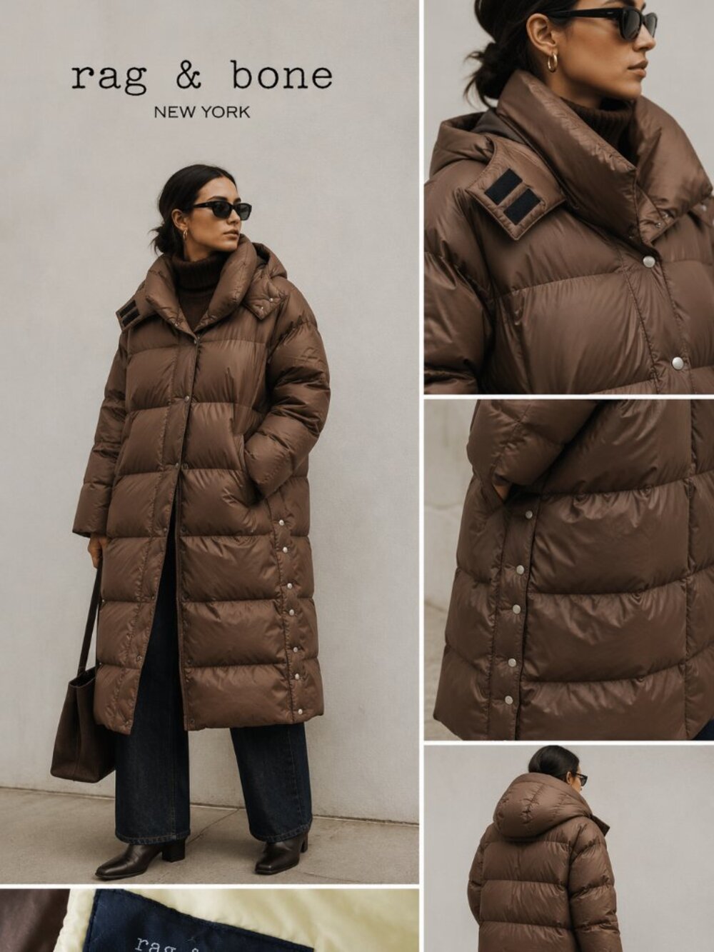 Rag & Bone Long Brown Hooded Down Puffer Coat Size L Duck Down Oversized